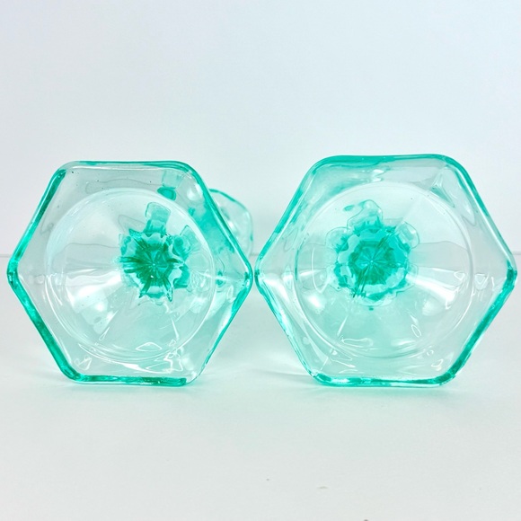 Vintage Set Of 2 Aqua Blue  Art Deco Glass Candlesticks Holders. Mid-Century Mod - Picture 7 of 13